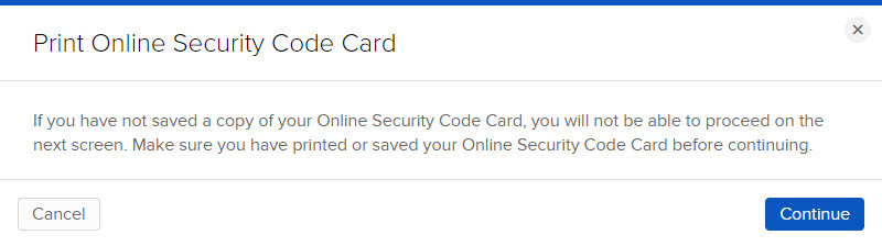 The print online security code card panel in portal. 